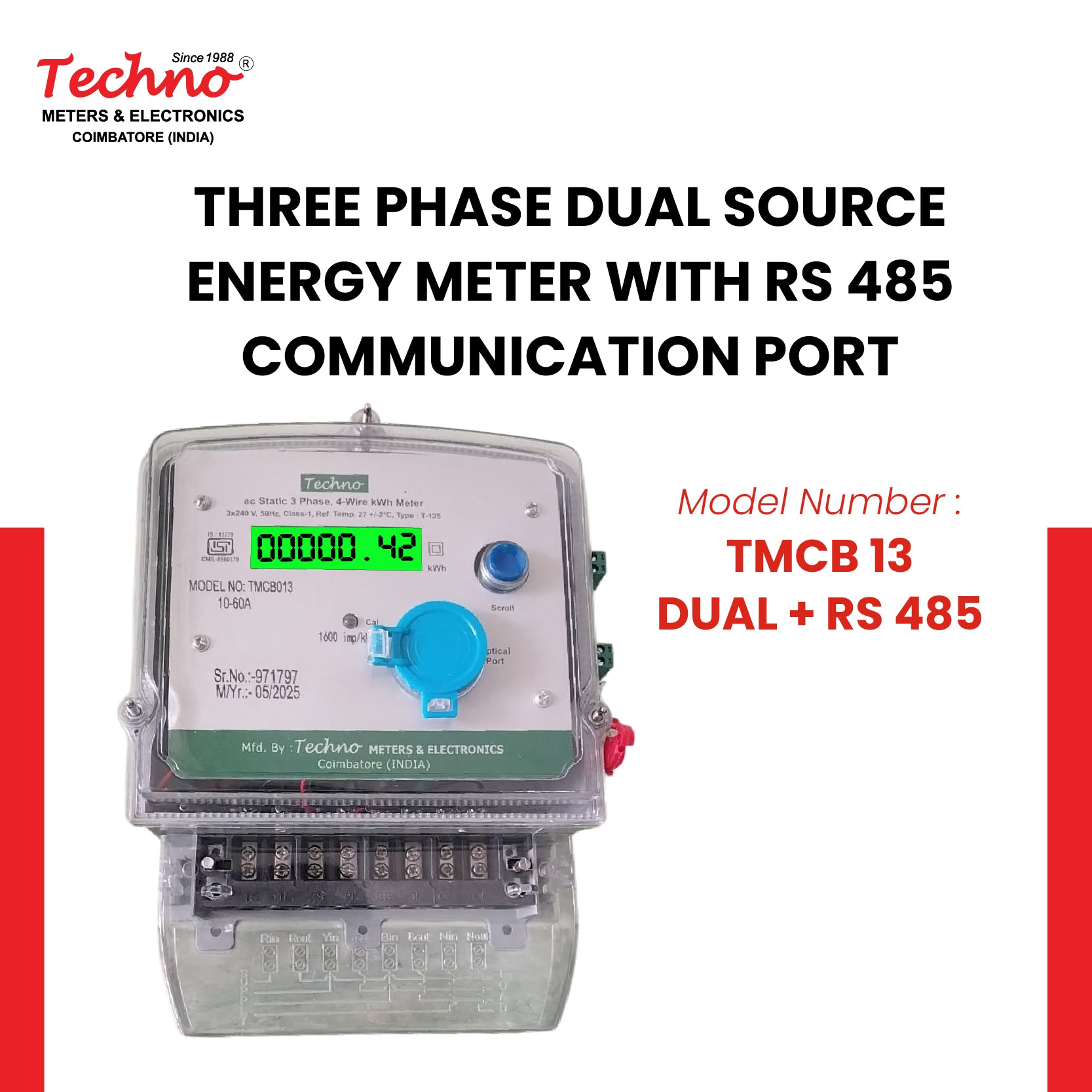 THREE PHASE DUAL SOURCE ENERGY METER WITH RS 485 COMMUNICATION  (10-40 A)