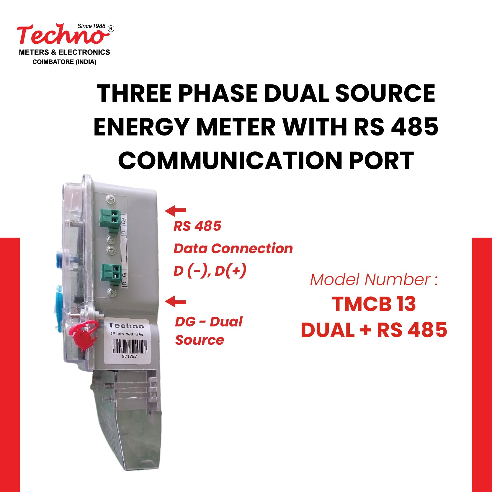 THREE PHASE DUAL SOURCE ENERGY METER WITH RS 485 COMMUNICATION  (10-100 A)