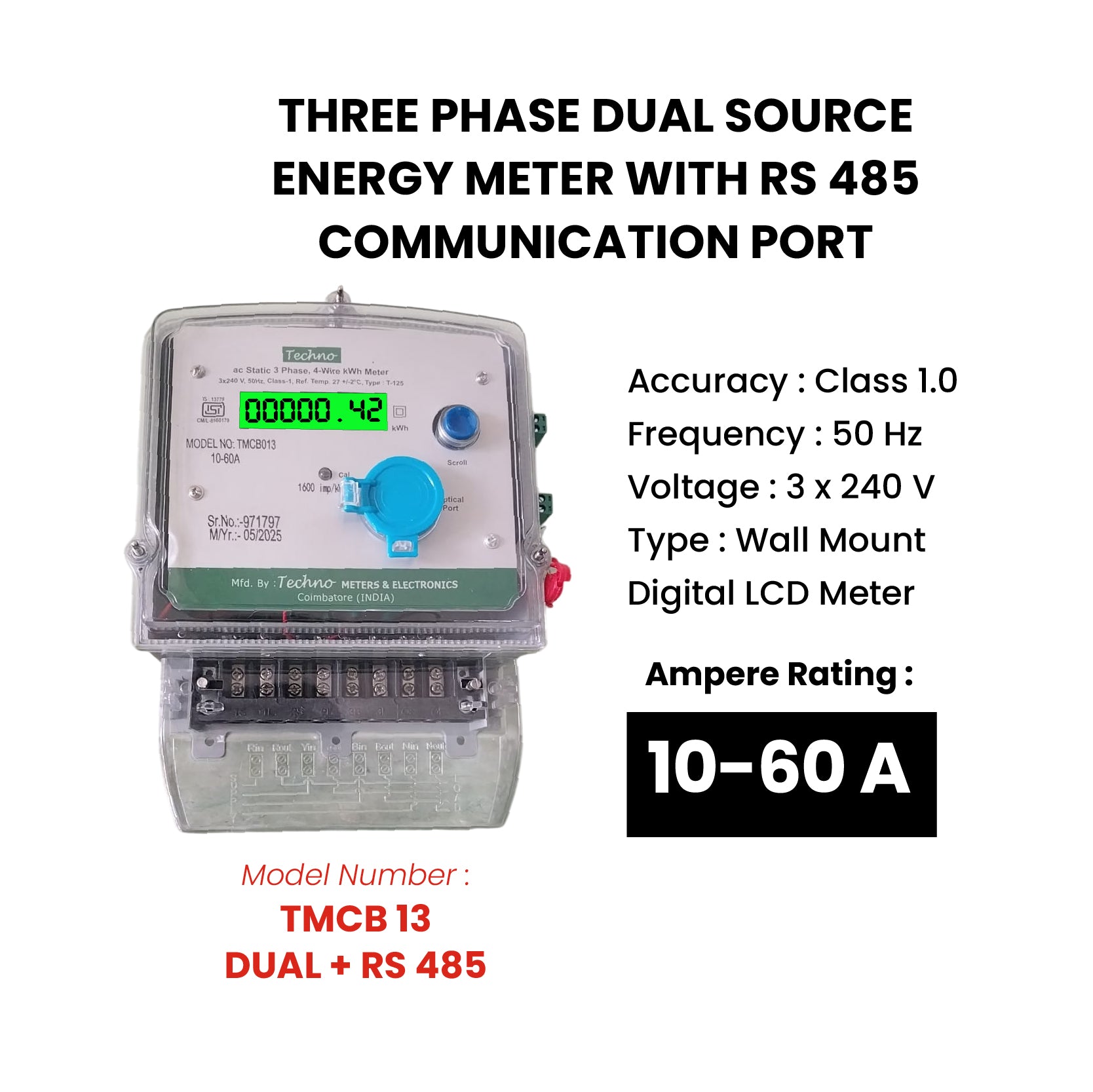 THREE PHASE DUAL SOURCE ENERGY METER WITH RS 485 COMMUNICATION  (10-60 A)