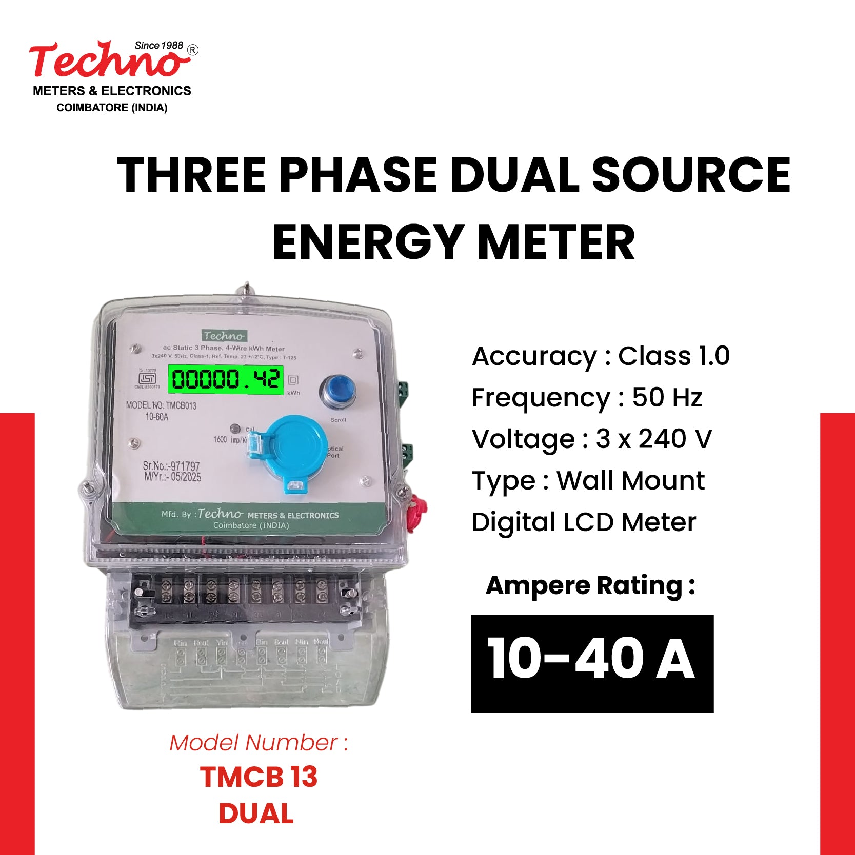 THREE PHASE DUAL SOURCE ENERGY METER (10-40 A)
