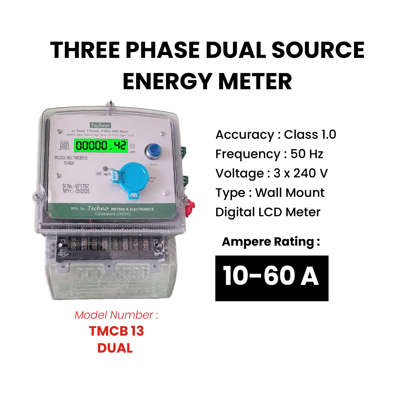 THREE PHASE DUAL SOURCE ENERGY METER (10-60 A)