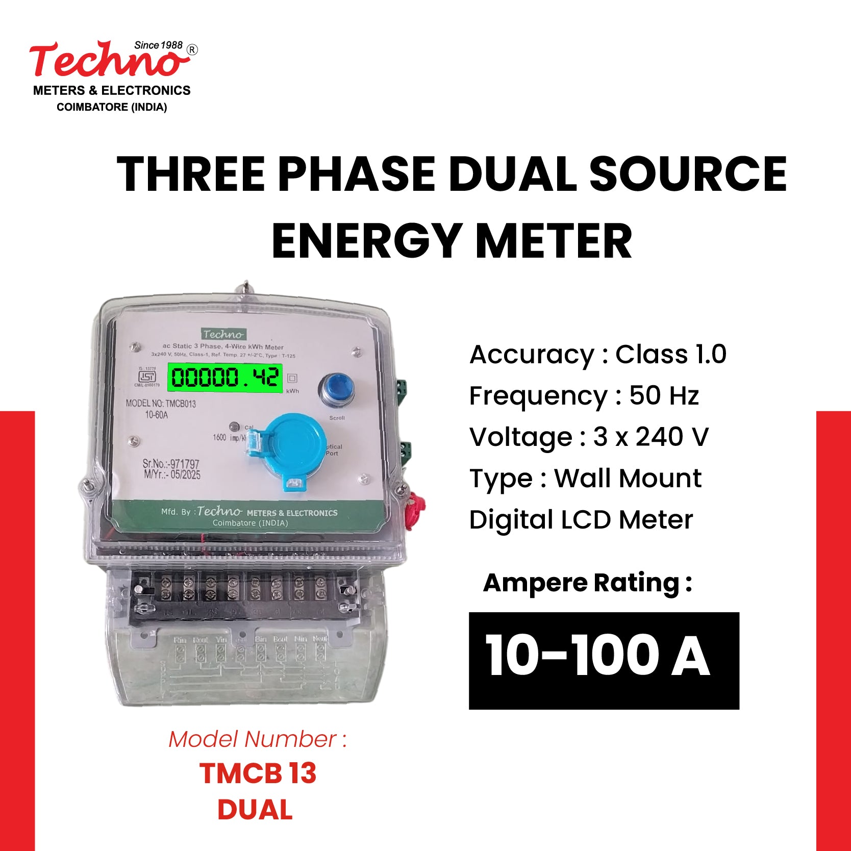 THREE PHASE DUAL SOURCE ENERGY METER (10-100 A)