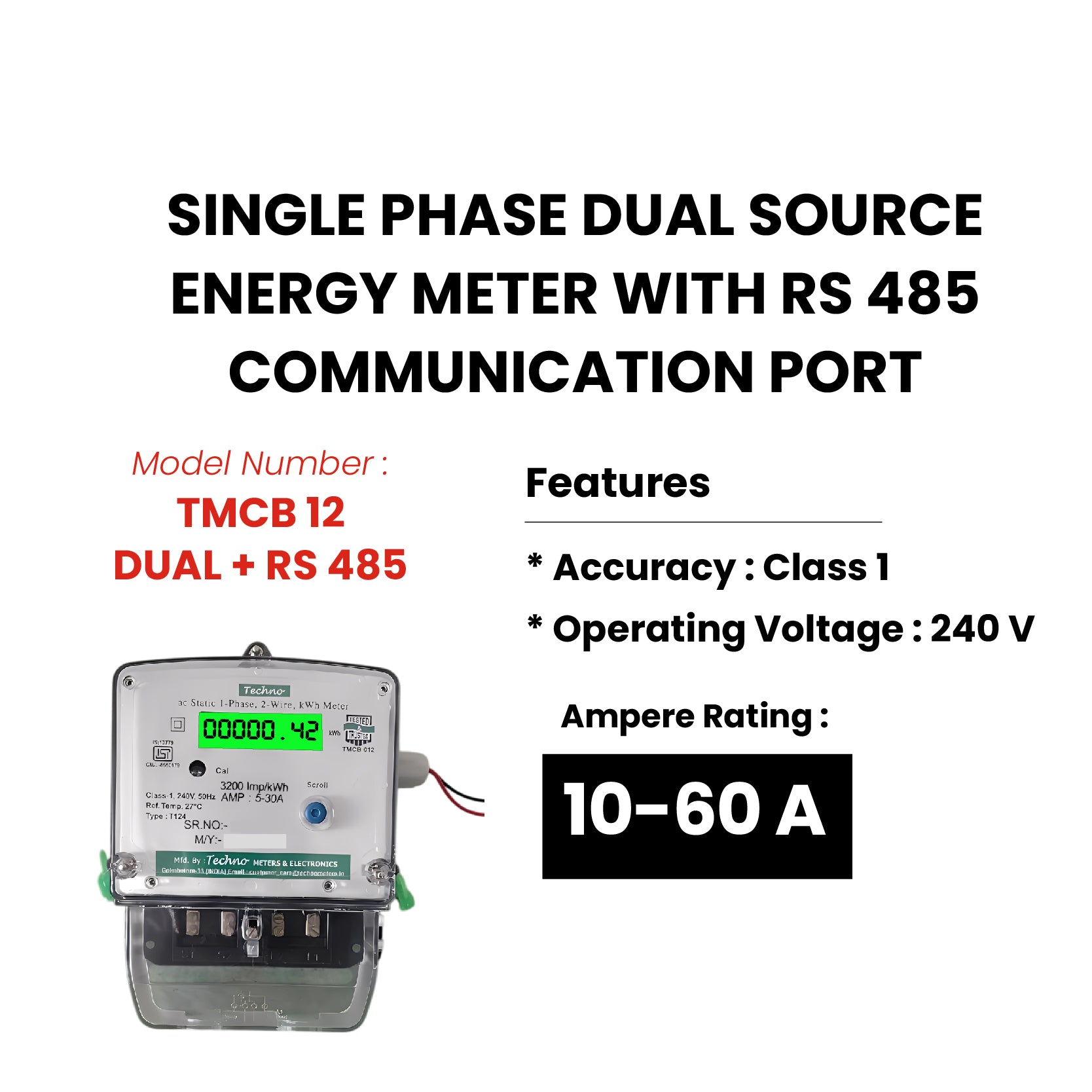 SINGLE PHASE DUAL SOURCE ENERGY METER WITH RS 485 (10-60 A)