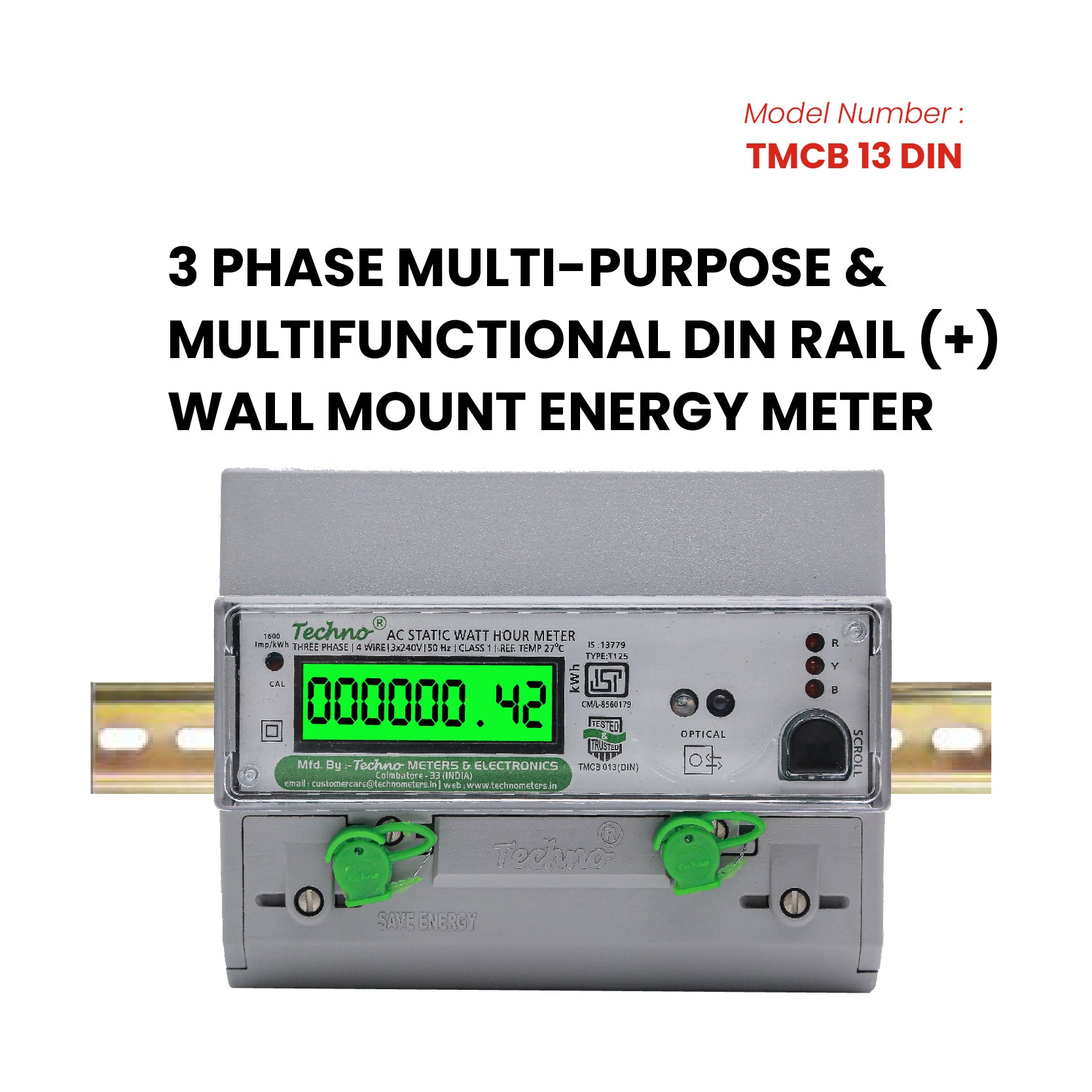 THREE PHASE DIGITAL DIN RAIL MOUNT ENERGY METER (10-60 A)