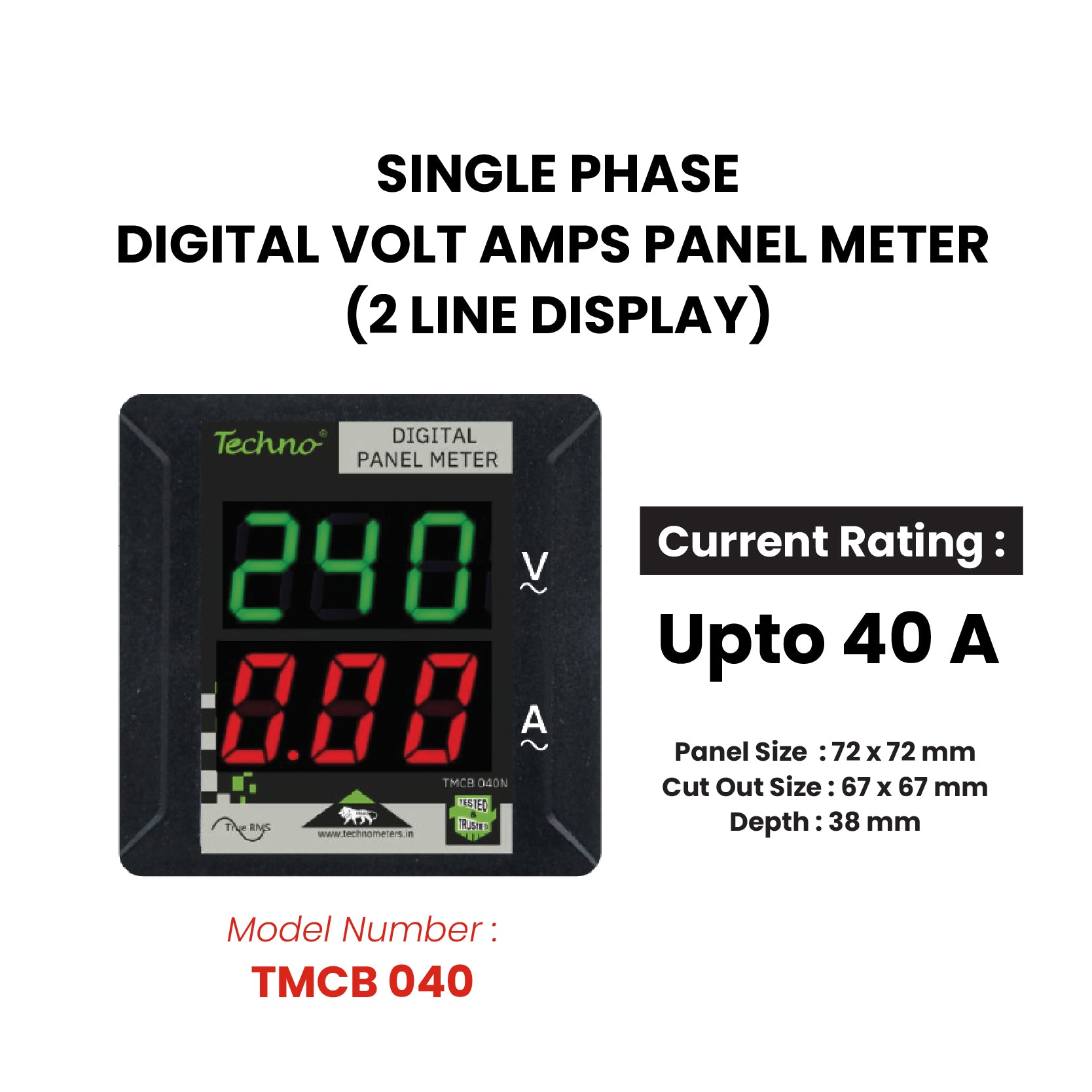 SINGLE PHASE VOLT AMPS PANEL METER WITH INBUILT CT (40A)