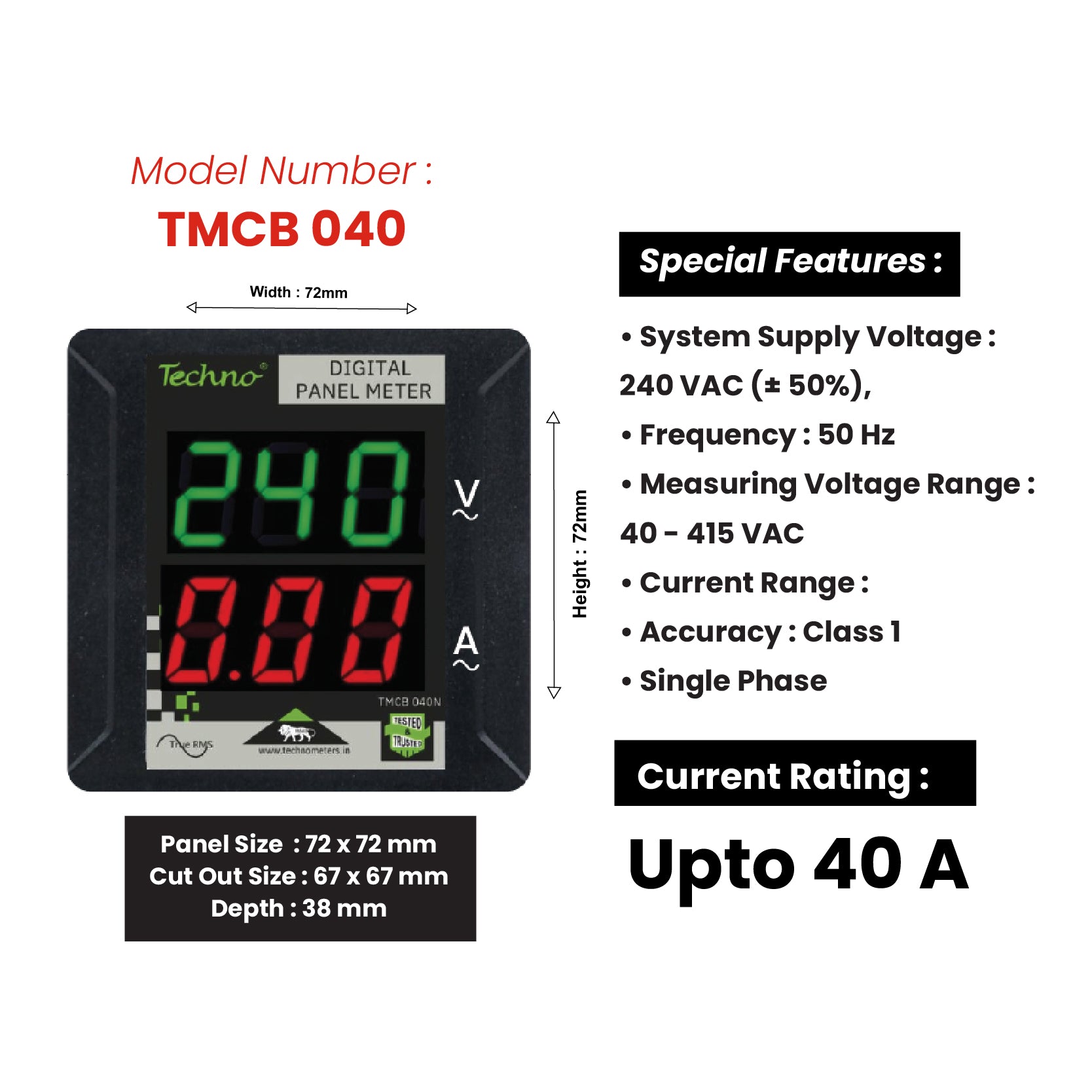 SINGLE PHASE VOLT AMPS PANEL METER WITH INBUILT CT (40A)