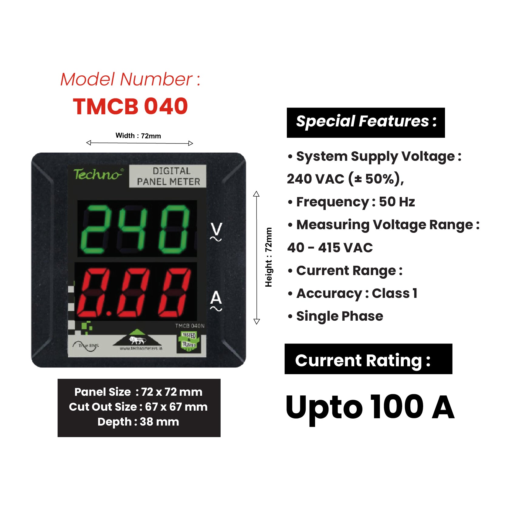 SINGLE PHASE VOLT AMPS PANEL METER WITH INBUILT CT (100A)