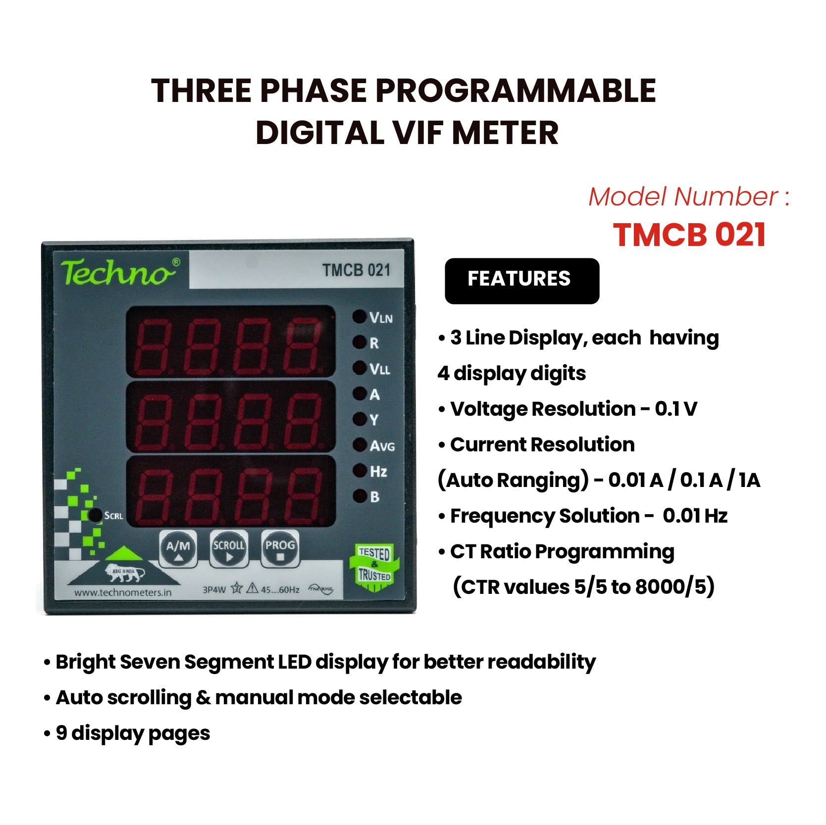THREE PHASE VOLT AMPS FREQUENCY PANEL METER (40A)