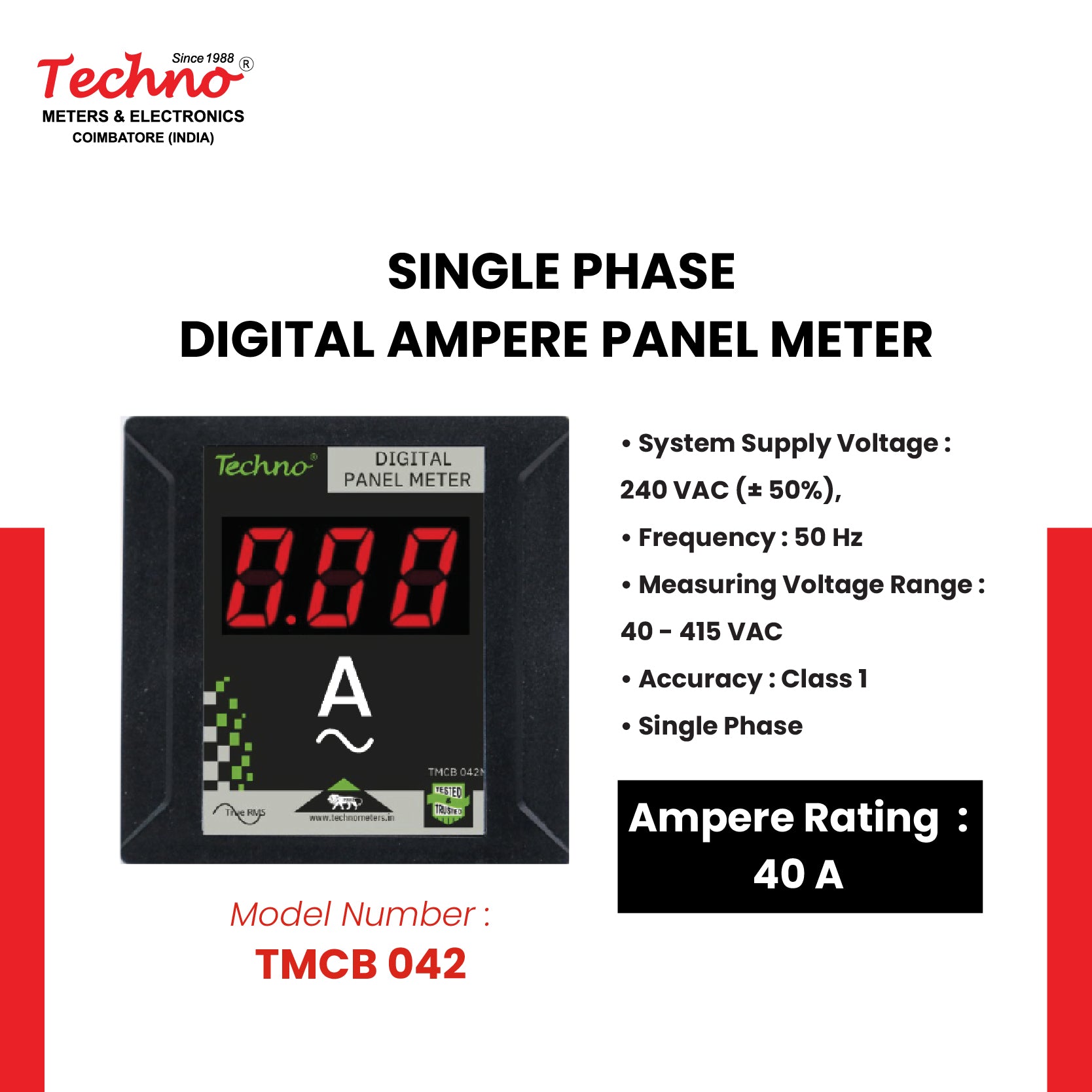 SINGLE PHASE DIGITAL PANEL  AMMETER WITH INBUILT CT - 40 A