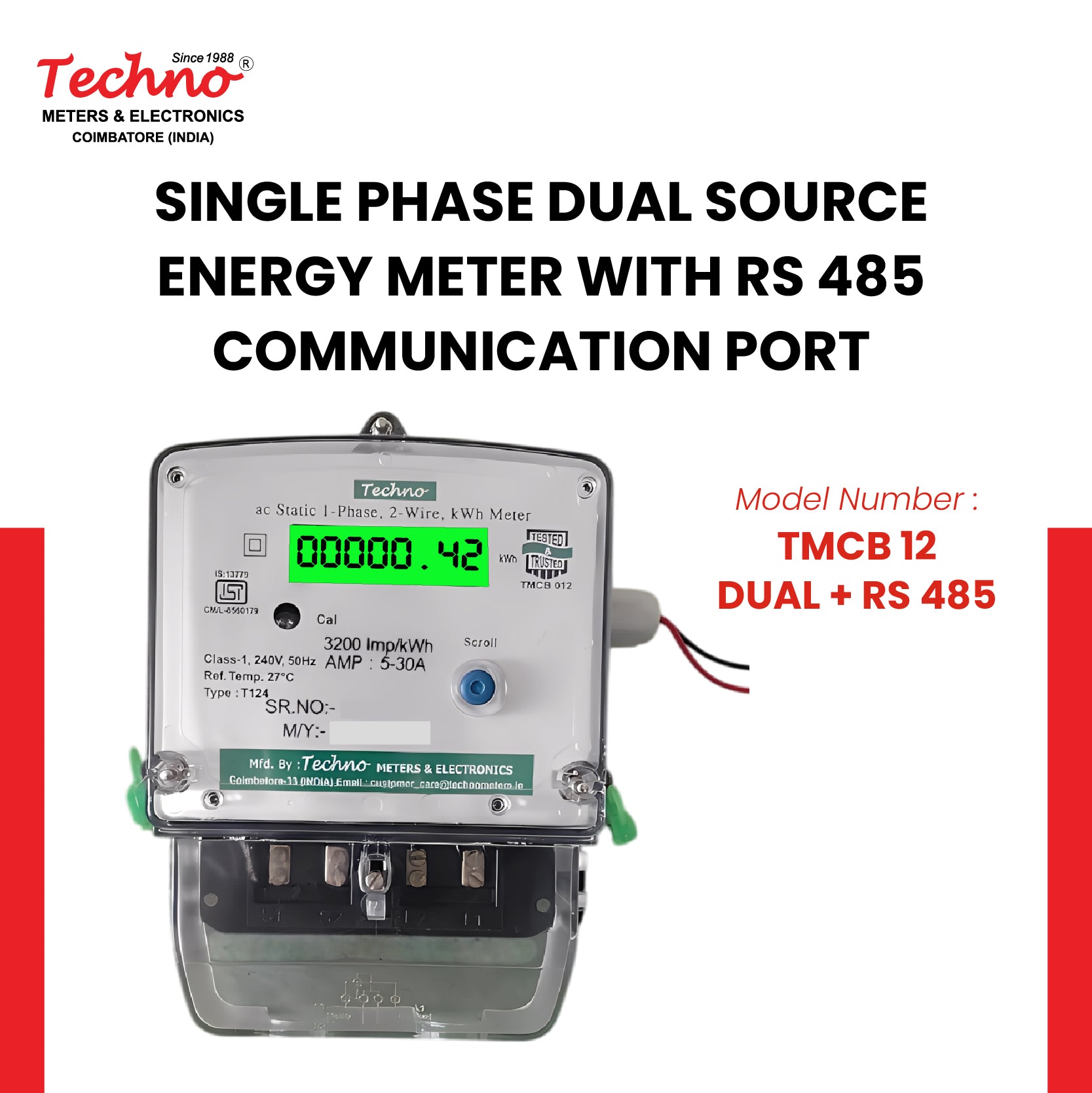 SINGLE PHASE DUAL SOURCE ENERGY METER WITH RS 485 (10-60 A)
