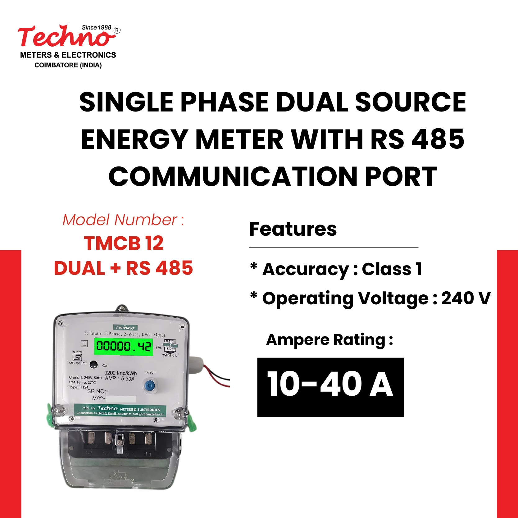SINGLE PHASE DUAL SOURCE ENERGY METER WITH RS 485 (10-40 A)