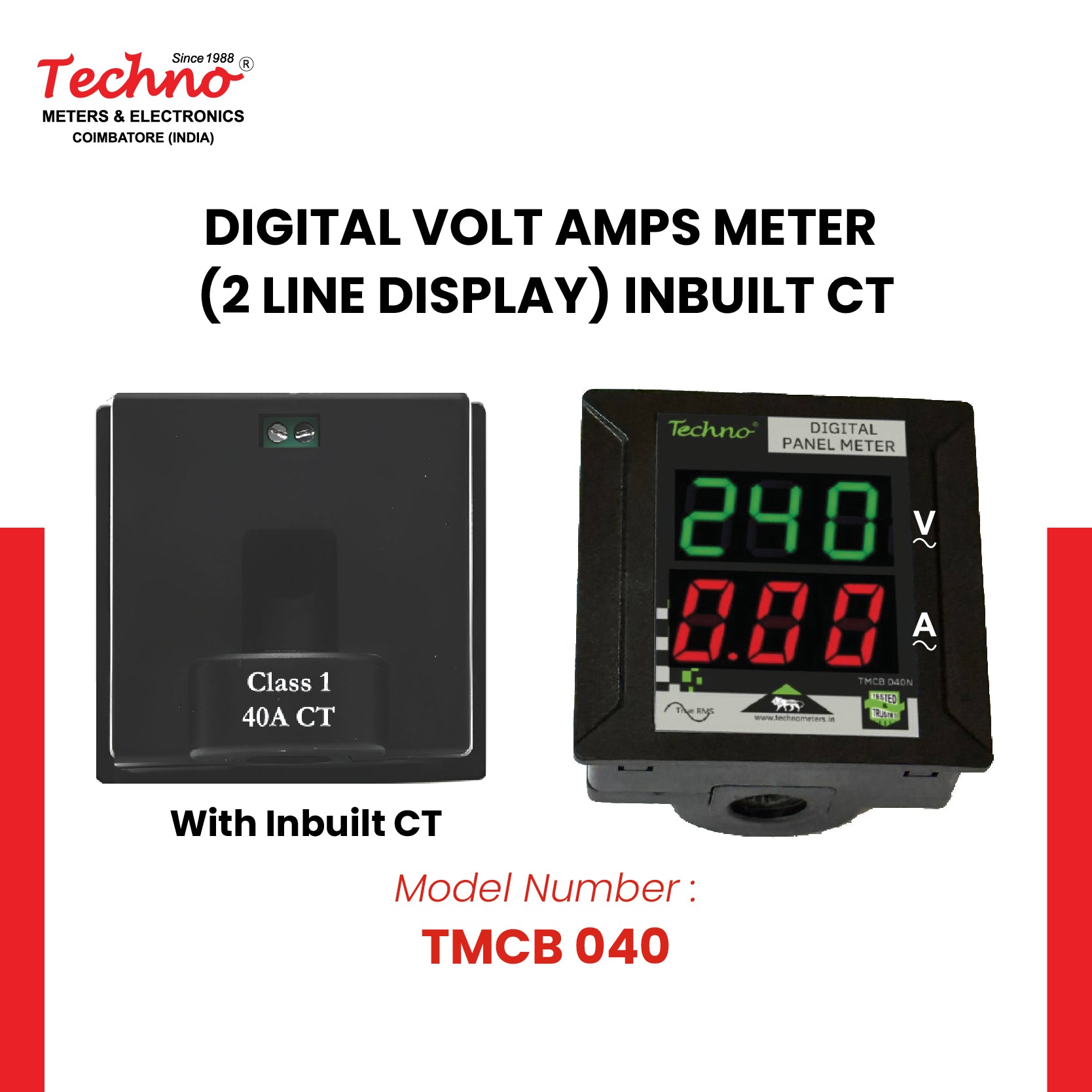 SINGLE PHASE VOLT AMPS PANEL METER WITH INBUILT CT (100A)