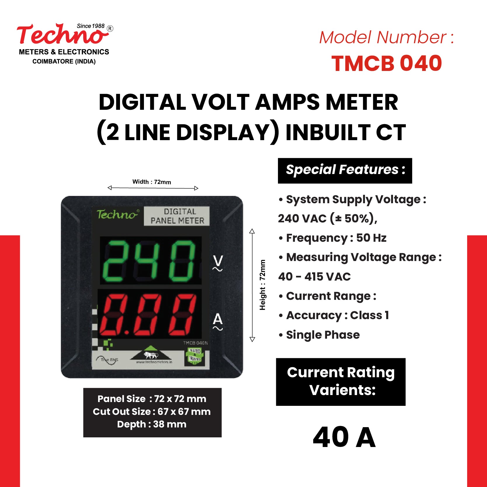 SINGLE PHASE VOLT AMPS PANEL METER WITH INBUILT CT (40A)