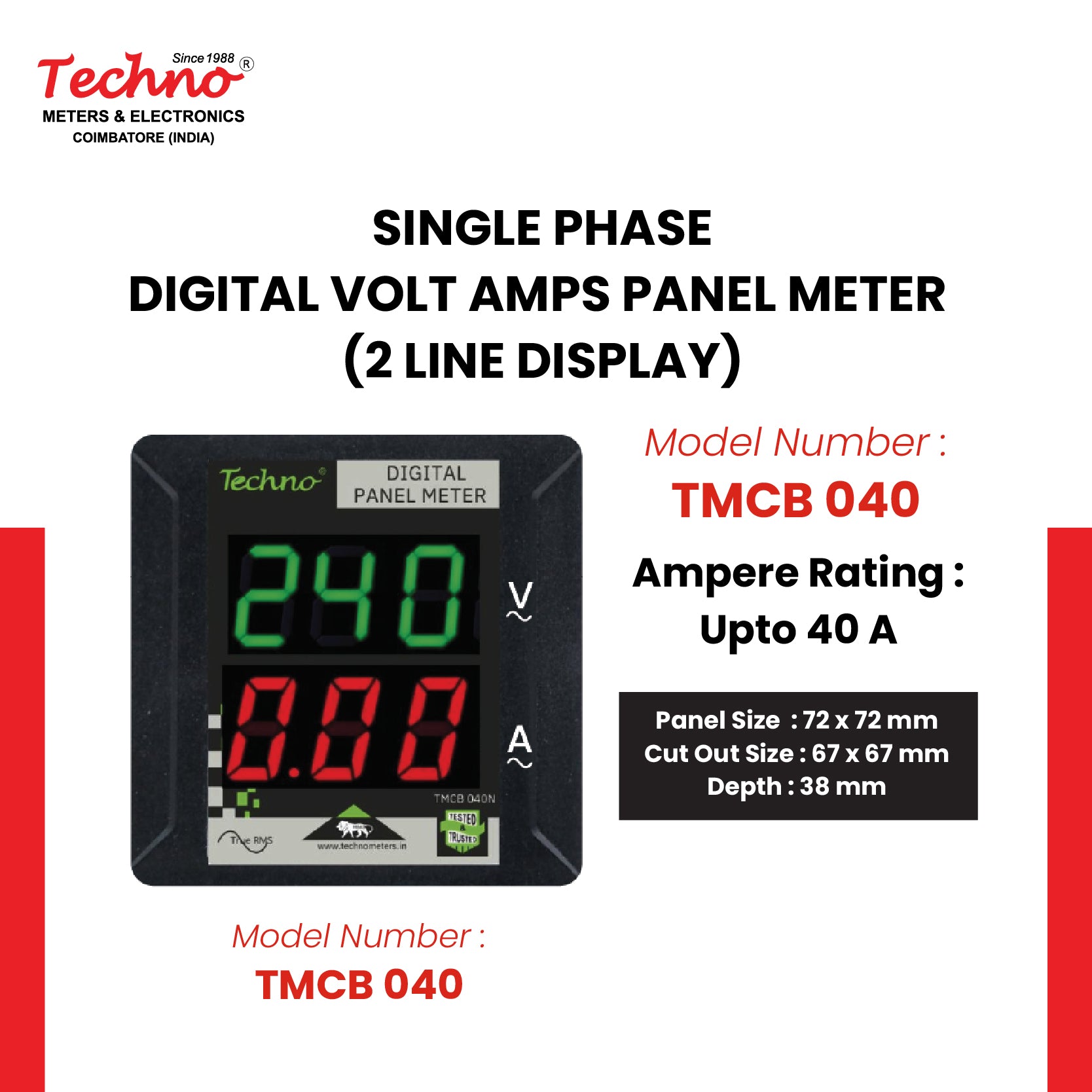 SINGLE PHASE VOLT AMPS PANEL METER WITH INBUILT CT (40A)