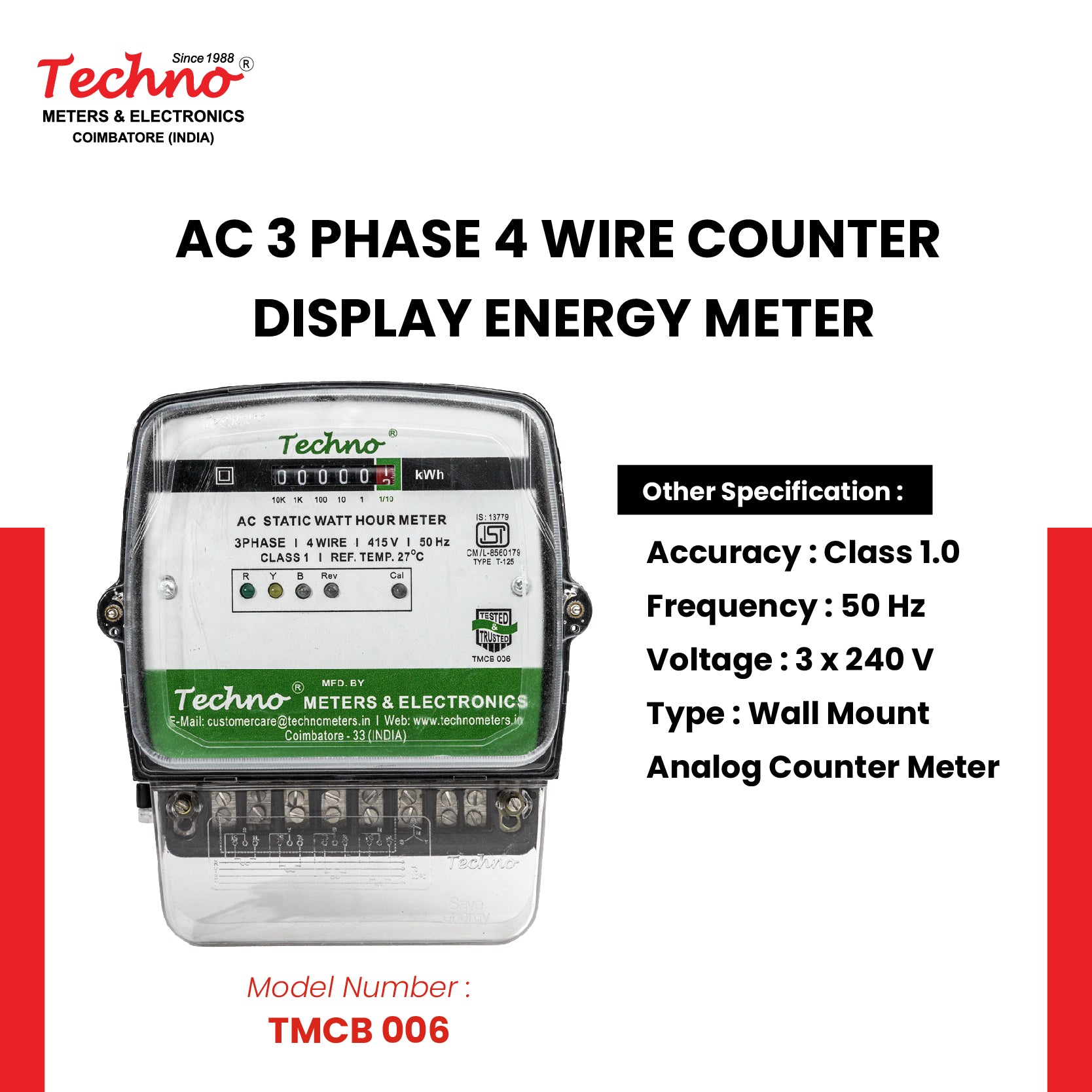 THREE PHASE COUNTER TYPE ENERGY METER (/5 A - CTO)
