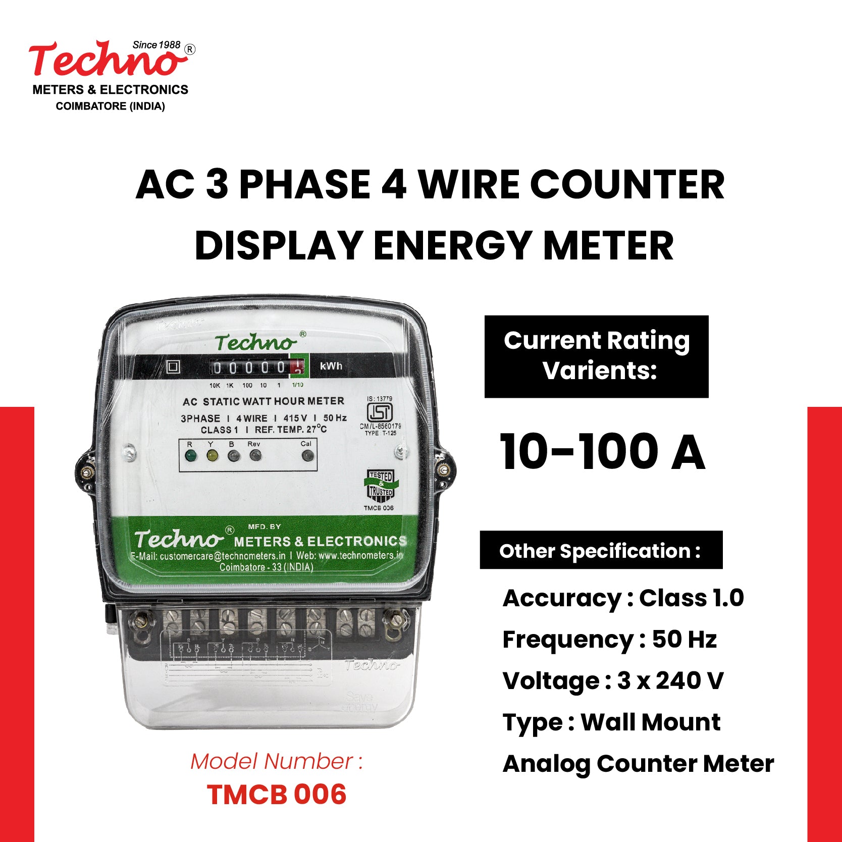 THREE PHASE COUNTER TYPE ENERGY METER (10-100 A)