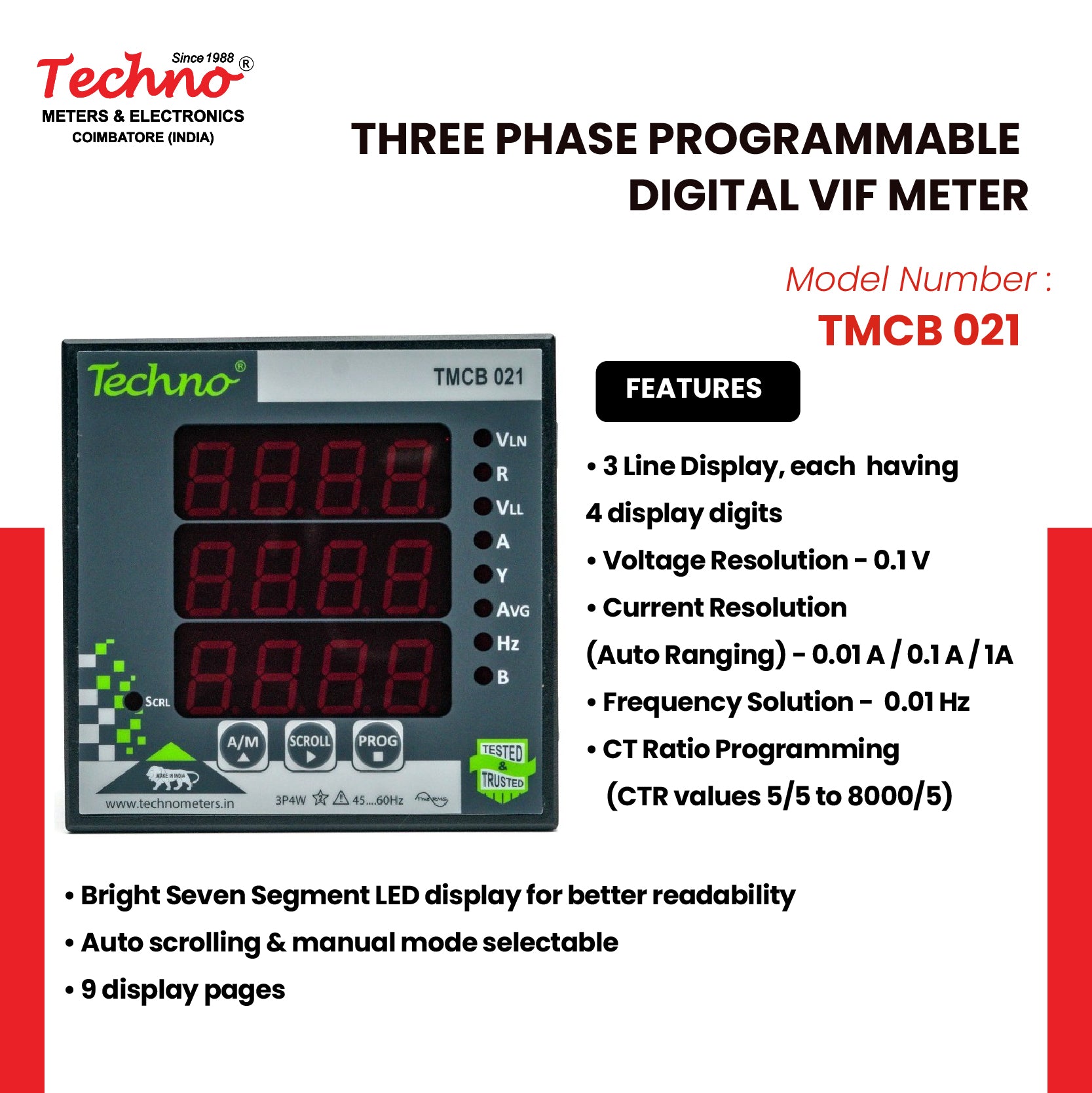 THREE PHASE VOLT AMPS FREQUENCY PANEL METER (40A)