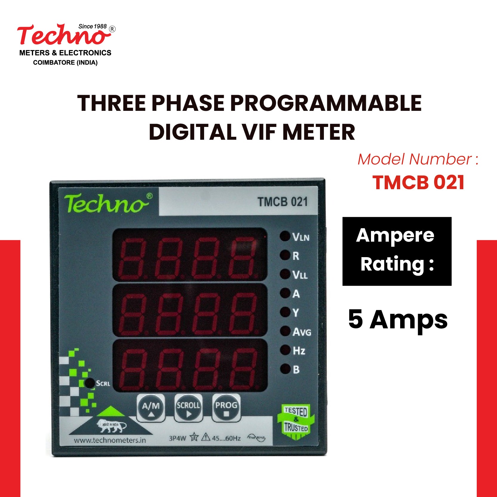 THREE PHASE VOLT AMPS FREQUENCY PANEL METER (5A)