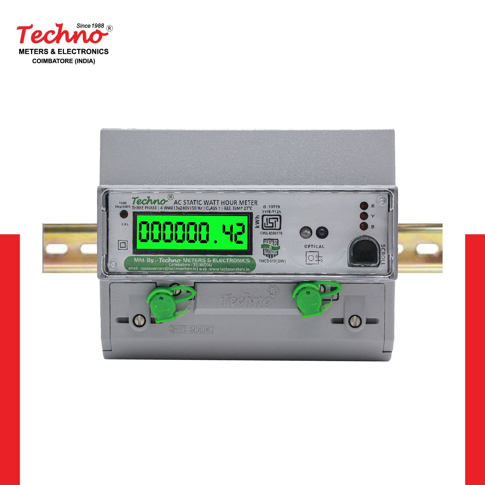THREE PHASE DIGITAL DIN RAIL MOUNT ENERGY METER (10-40 A)