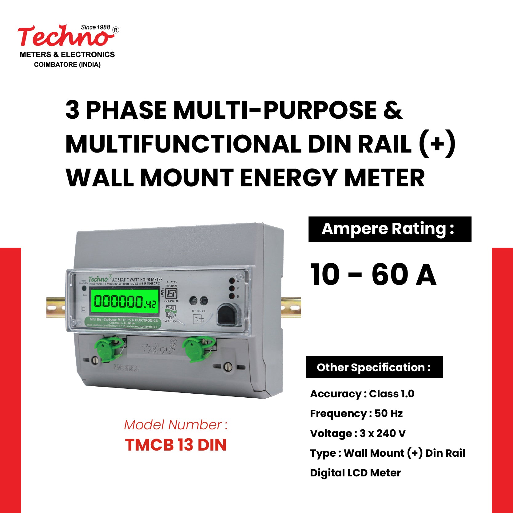 THREE PHASE DIGITAL DIN RAIL MOUNT ENERGY METER (10-60 A)