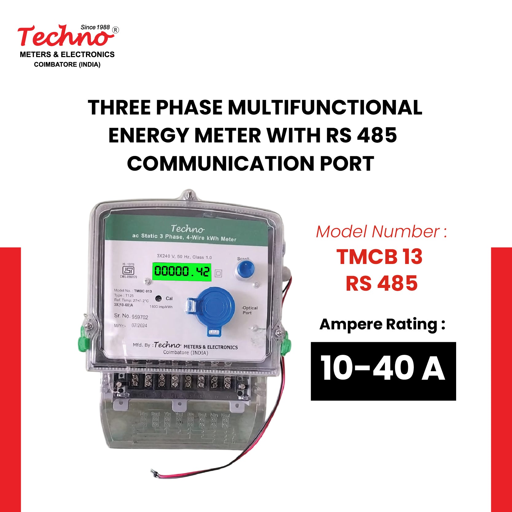 THREE PHASE ENERGY METER WITH RS 485 (10-40 A)