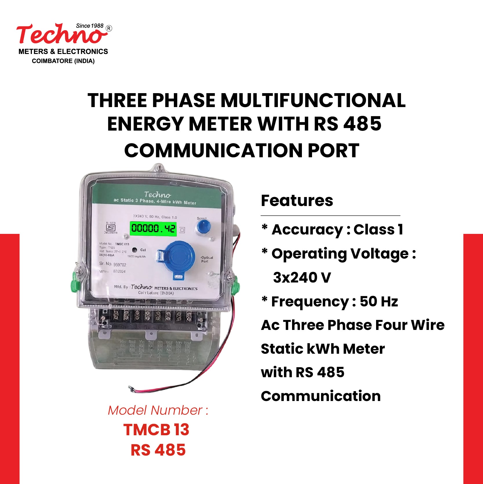 THREE PHASE ENERGY METER WITH RS 485 (10-40 A)